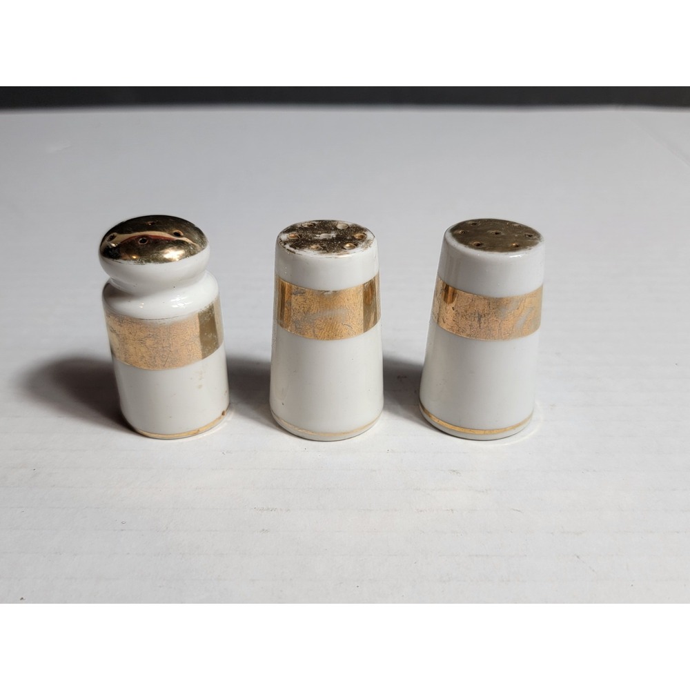 Vintage Gold & White Salt & Pepper Shaker 3 Piece Mixed Lot Ceramic Japan 2"